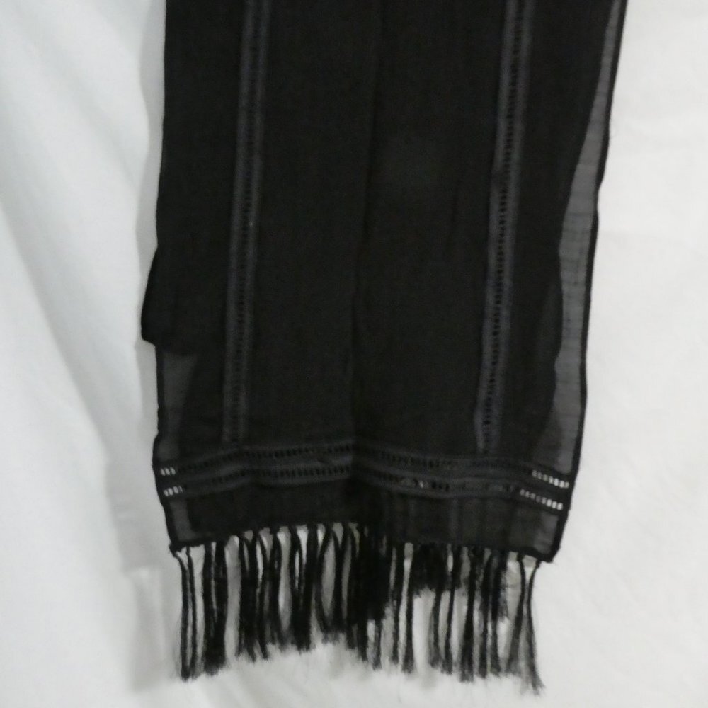 Sheer black scarf wrap with fringed hems